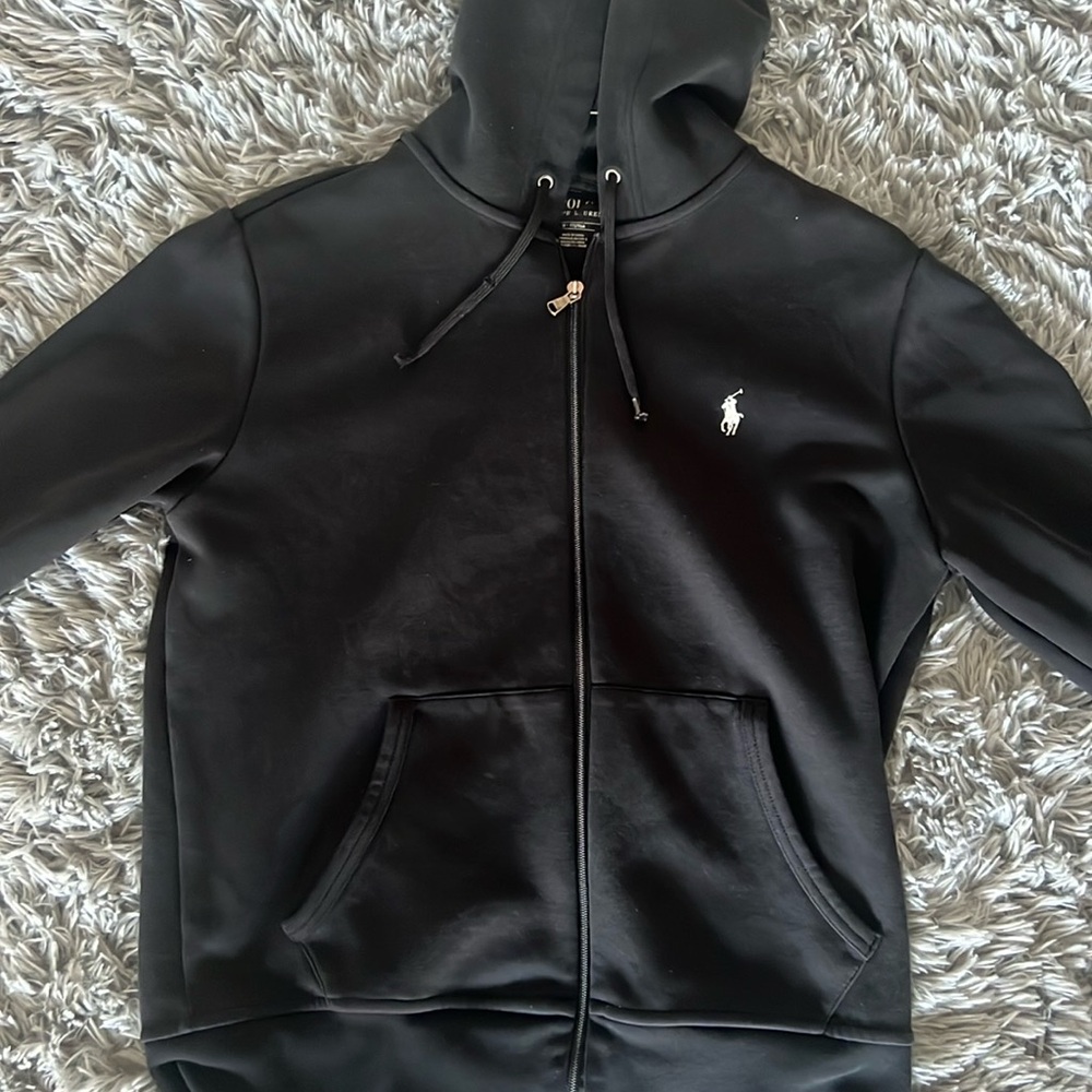 Black polo by Ralph Lauren zip up hoodie.